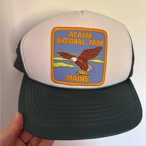 Vintage Acadia National Park Maine Mesh Trucker Hat Bald Eagle Green White